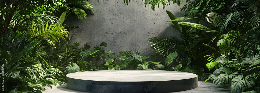 3. An inviting scene featuring a sturdy concrete podium in a tropical environment, framed by a lush green wall of plants and trees, providing a unique and vibrant setting for product display 3. An inviting scene featuring a sturdy concrete podium in a tropical environment, framed by a lush green wall of plants and trees, providing a unique and vibrant setting for product display