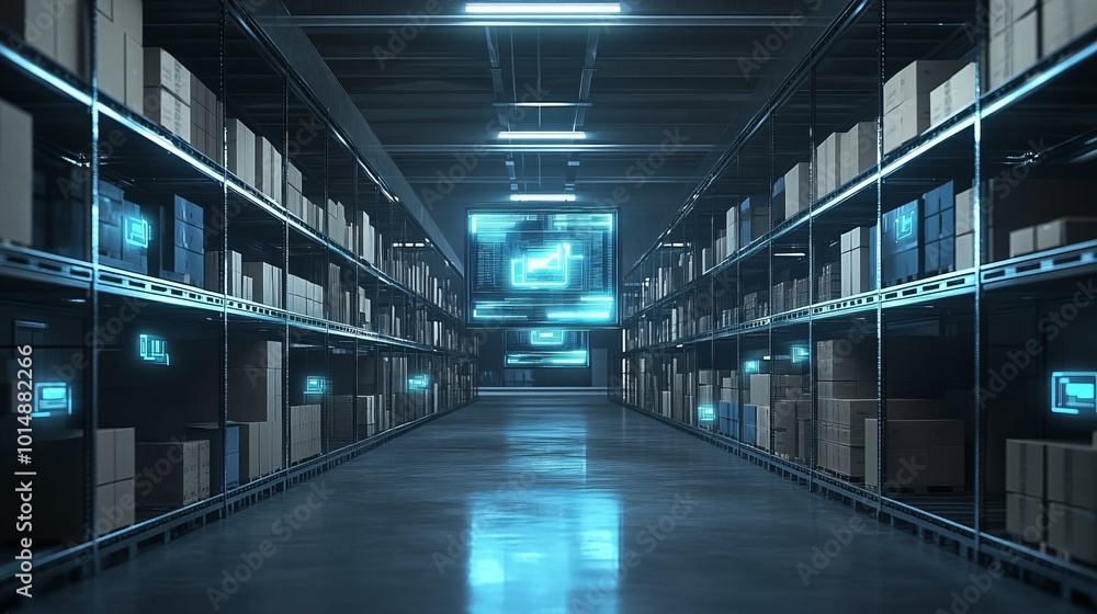 Futuristic warehouse with digital interfaces and stacked boxes. Futuristic warehouse with digital interfaces and stacked boxes.