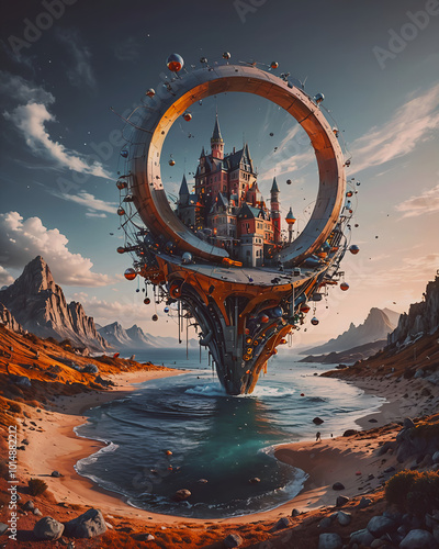 Fantasy landscape with castle in the form of planet. 3d rendering