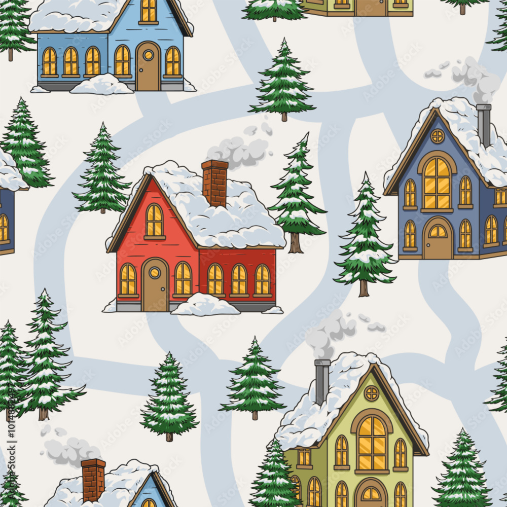 Winter city colorful seamless pattern Winter city colorful seamless pattern