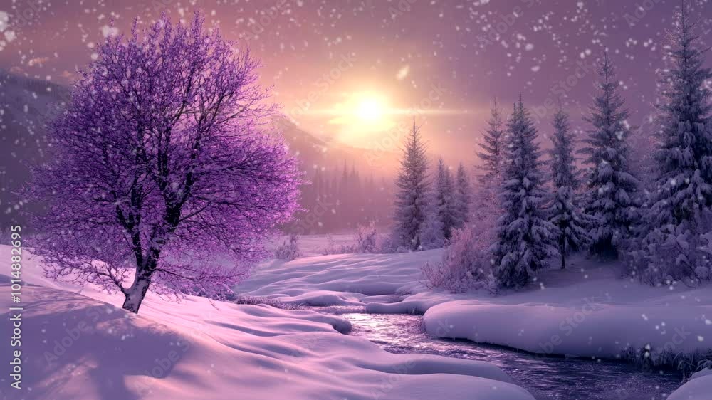 Purple Winter Wonderland: A solitary, frost-covered tree in vibrant purple hues stands beside a tranquil stream, under a breathtaking winter sunset. Snow gently falls. Purple Winter Wonderland: A solitary, frost-covered tree in vibrant purple hues stands beside a tranquil stream, under a breathtaking winter sunset. Snow gently falls.