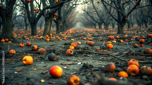 barren orchard, its fallen fruit rotting on the ground nature background