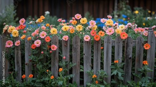 Rustic wooden fence covered in flowers, shot from a low angle, emphasizing the charm of the garden  photo