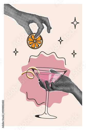 Modern halftone collage. Cosmopolitan Retro poster of a classic cocktail. Popular drink. Trendy pop art illustration with halftone elements. Vintage flat vector illustration for bar, restaurant