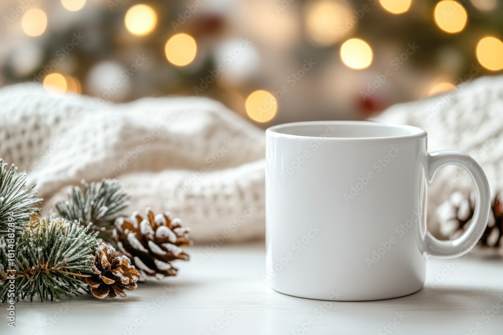 White ceramic tea mug with Christmas decoration and copy space for your design. Mockup for xmas promotional content. ai generated White ceramic tea mug with Christmas decoration and copy space for your design. Mockup for xmas promotional content. ai generated
