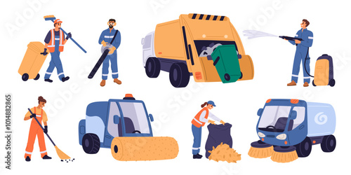 Street cleaning equipment and machines. Cartoon wipers with trash removal devices. Urban garbage cleaners. Janitors pick up waste. Sweepers with dustbins and brooms. Garish vector set