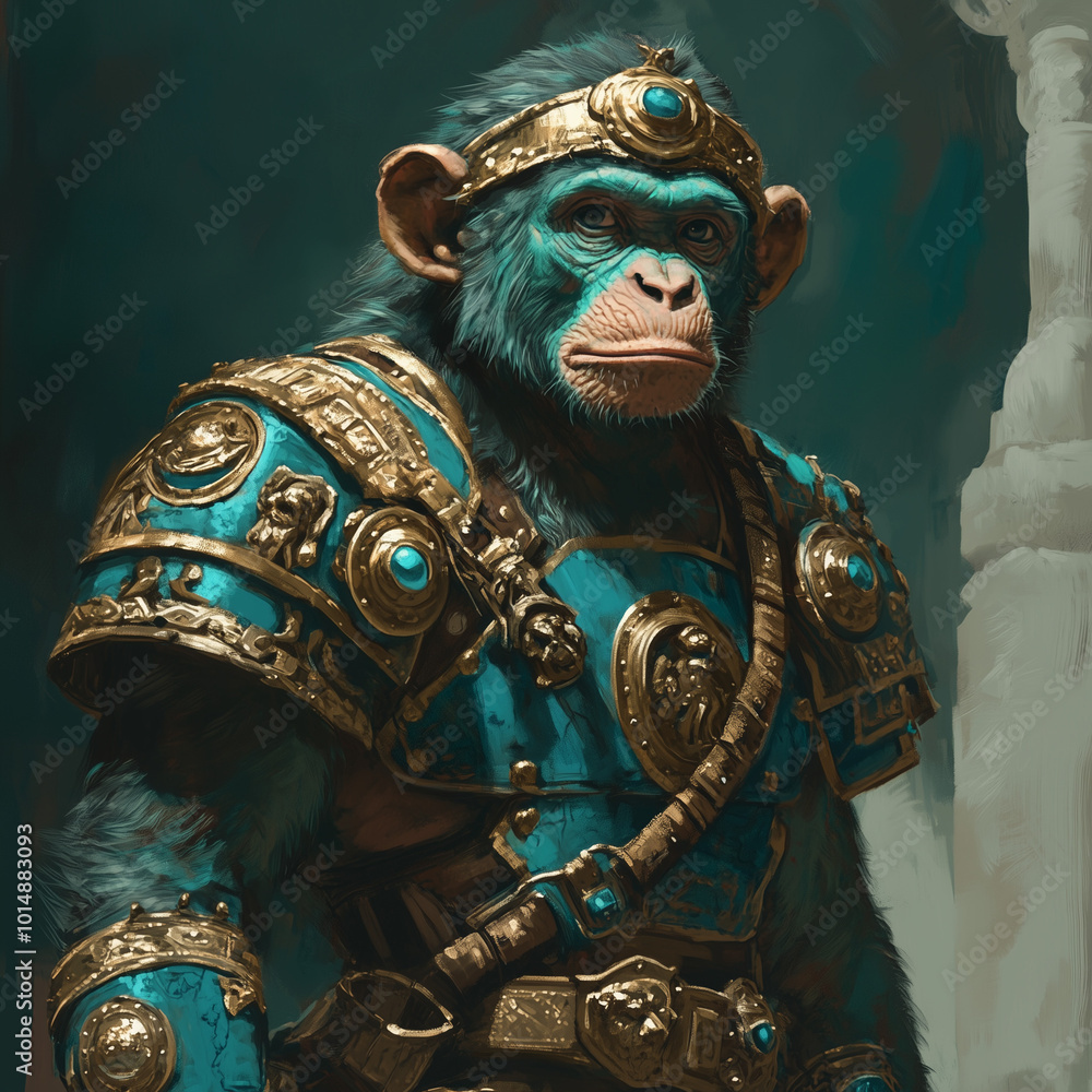 Fototapeta premium Gladiator Spirit: Turquoise Monkey Dressed in Gladiator Armor
