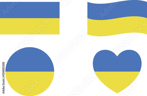 Ukraine flags set. Circle icon. waving flag. heart shape icon. Various designs