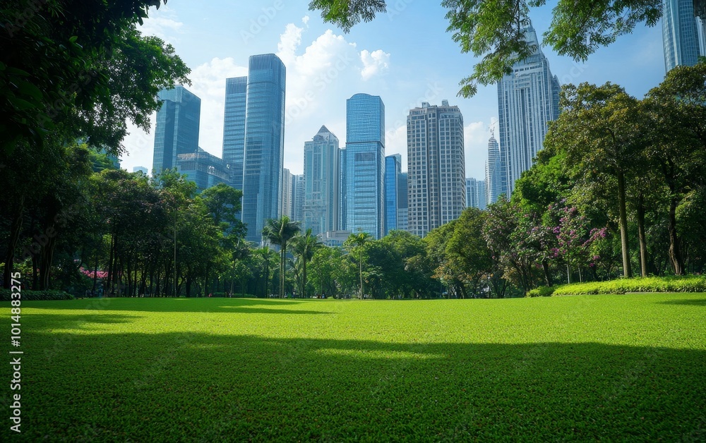 Obraz premium A lush green park in the foreground contrasts with towering skyscrapers in the background, showcasing urban nature.