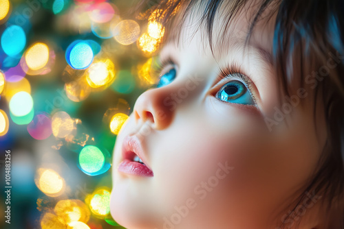 Heartwarming Image of a Child's Enchanted Eyes Reflecting the Joy of Christmas Morning 