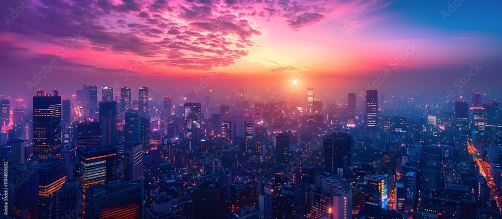 Fototapeta premium Captivating Cityscape at Dusk Silhouetted Skyscrapers Amid a Lavender Sky with Twinkling Lights