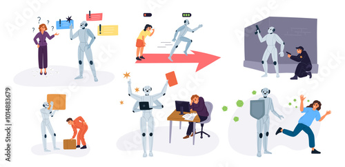 Robot versus human. People compete and collaborate with androids. Artificial intelligence victory in completing tasks. Business teamwork. Person and cyborg rivalry. Garish vector set
