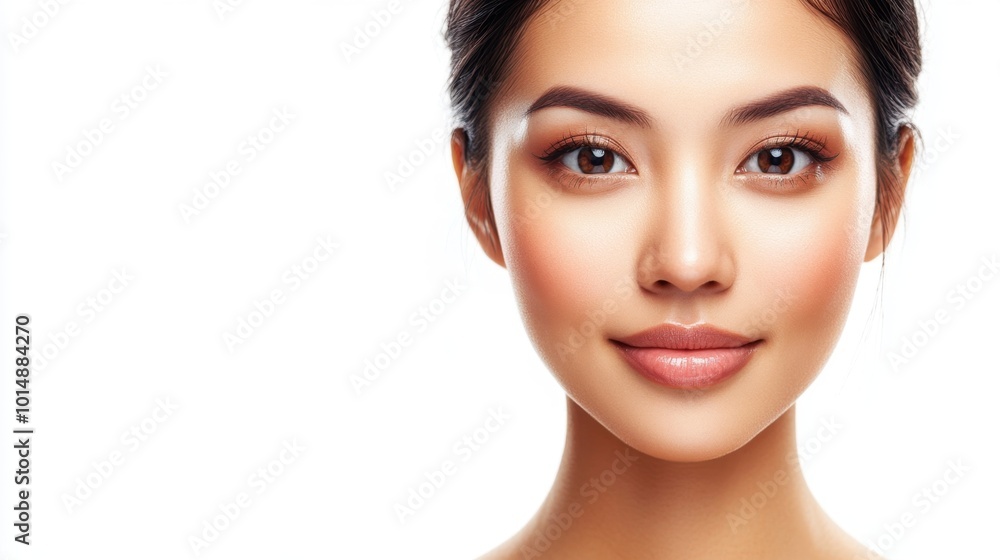 Fototapeta premium Young Asian woman with radiant, fresh skin on a pure white background, promoting facial care and beauty treatments with a serene expression.
