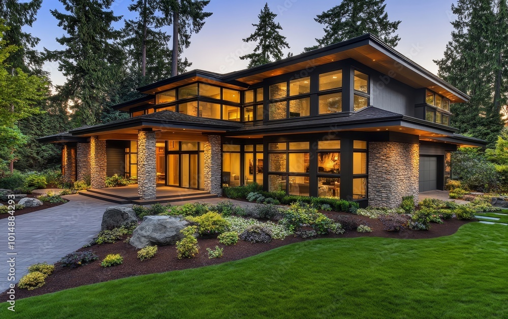 A modern two-story house surrounded by lush greenery and landscaped gardens, showcasing contemporary architecture. A modern two-story house surrounded by lush greenery and landscaped gardens, showcasing contemporary architecture.