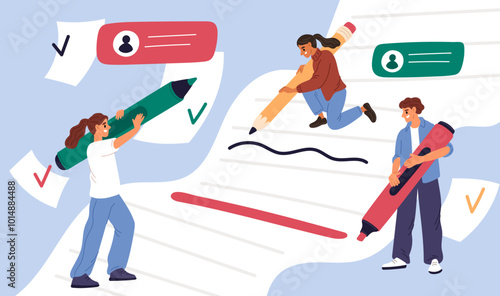 People sign document with big pens. Men and women mark items in checklist. Tiny businessman holding huge marker or and pencil. Work agreement. Creation process. Garish vector concept
