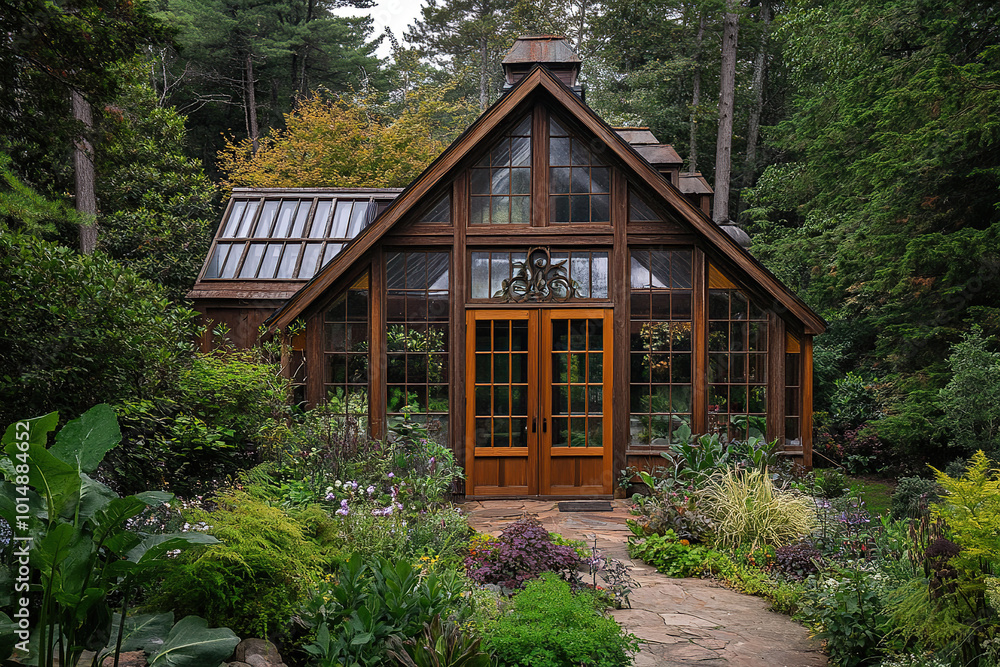 A beautiful greenhouse made of wood and glass, nestled amid lush greenery. The structure is well-ventilated with large windows showcasing an array of vibrant plants growing inside. A beautiful greenhouse made of wood and glass, nestled amid lush greenery. The structure is well-ventilated with large windows showcasing an array of vibrant plants growing inside.