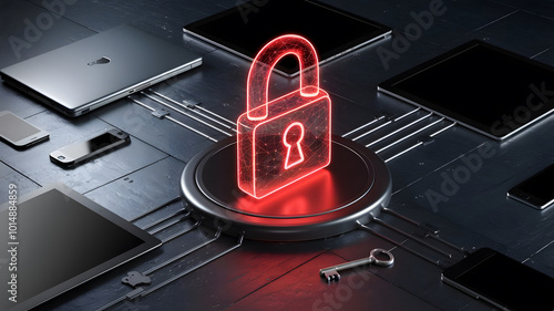 A digital illustration featuring a glowing red padlock symbolizing cybersecurity. The padlock is surrounded by various electronic devices like laptops, tablets, and smartphones.