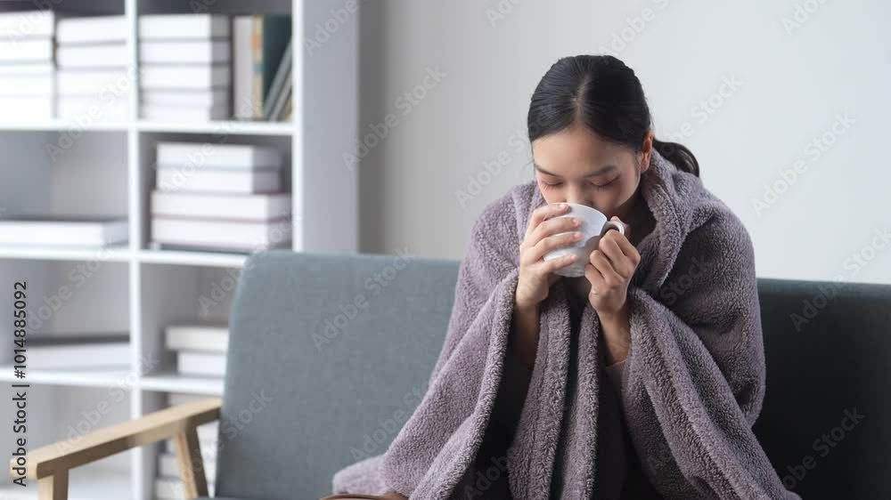 Young woman feeling cold drinking hot beverage Young woman feeling cold drinking hot beverage