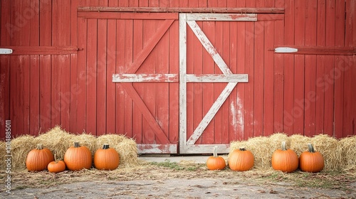 Rustic barn autumn digital backdrop featuring a wooden door with hay bales, pumpkins, and seasonal decorations. Perfect for fall-themed photoshoots, including weddings, maternity sessions,