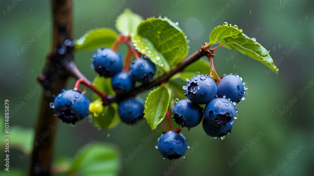 Wild blueberries are growing on a branch in a rainy forest. blueberries in the forest. Ai generative Wild blueberries are growing on a branch in a rainy forest. blueberries in the forest. Ai generative