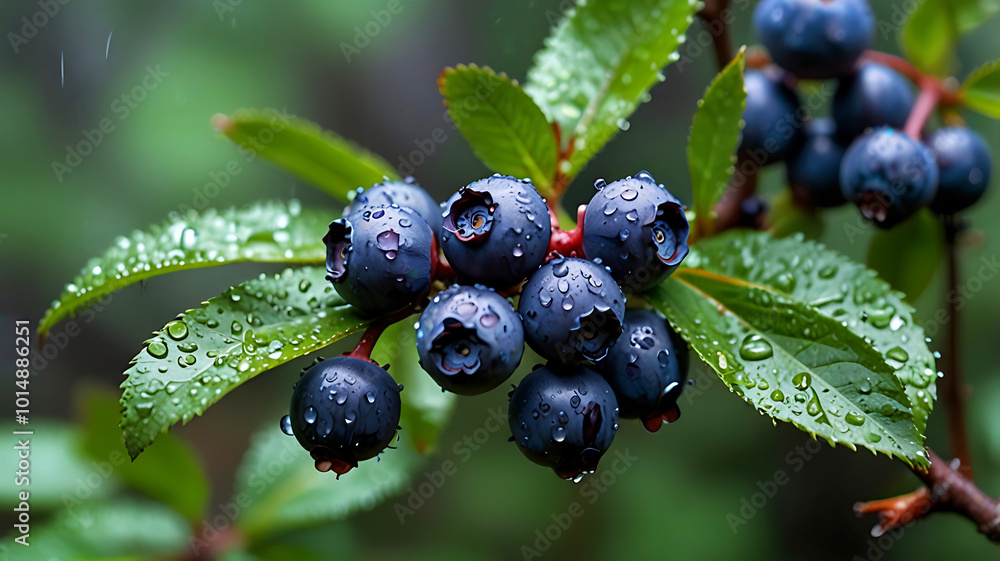 Wild blueberries are growing on a branch in a rainy forest. blueberries in the forest. Ai generative Wild blueberries are growing on a branch in a rainy forest. blueberries in the forest. Ai generative
