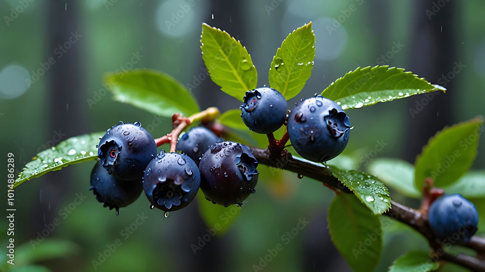 Wild blueberries are growing on a branch in a rainy forest. blueberries in the forest. Ai generative Wild blueberries are growing on a branch in a rainy forest. blueberries in the forest. Ai generative