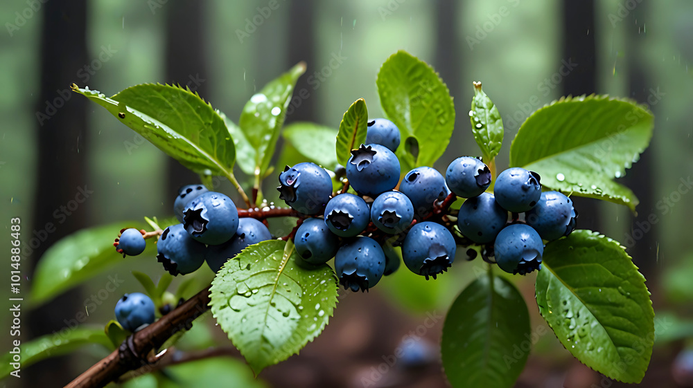 Wild blueberries are growing on a branch in a rainy forest. blueberries in the forest. Ai generative Wild blueberries are growing on a branch in a rainy forest. blueberries in the forest. Ai generative