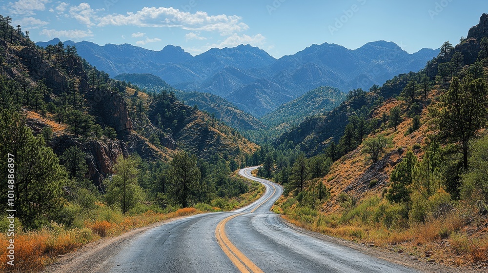 Scenic mountain road winding through the landscape, captured from a distance, showcasing the beauty of the drive Scenic mountain road winding through the landscape, captured from a distance, showcasing the beauty of the drive