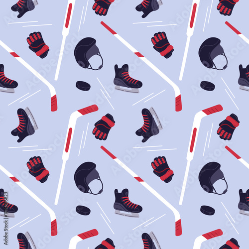 Ice hockey elements seamless pattern. Team sport. Repeated print. Clubs and pucks. Player clothing. Athletic competition. Skates and helmets. Winter accessories. Garish vector background