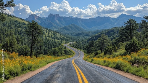 Scenic mountain road winding through the landscape, captured from a distance, showcasing the beauty of the drive 