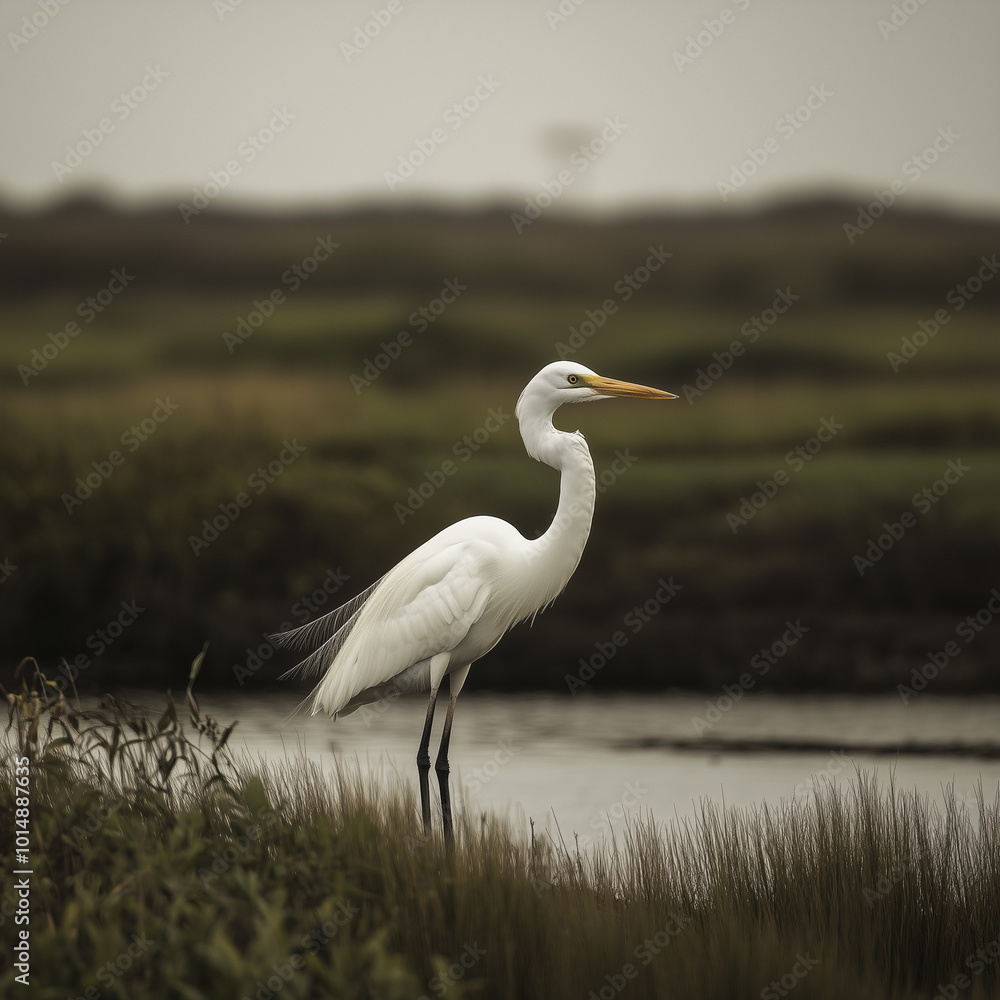 Fototapeta premium Marshland Sentry: Egret Standing Vigil in the Marshland
