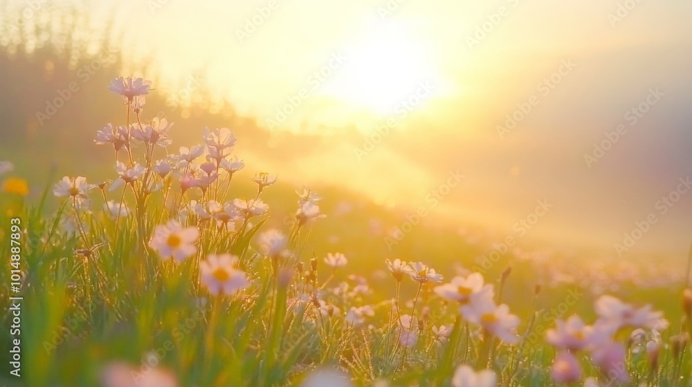 Serene Meadow at Sunset, Glowing Daisies in the Golden Light Serene Meadow at Sunset, Glowing Daisies in the Golden Light