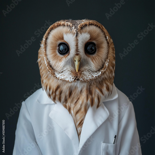 Academic Owl: Tawny Owl in Scientist Lab Coat Conducting Research photo