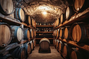 Papier peint photo  Explore a cozy wine cellar with rows of wooden barrels and shelves filled with exquisite wine bottles awaiting discovery. Generative AI  © Anat art