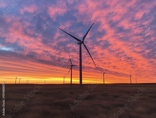 Renewable Energy at Dusk: A Wind Farm at Sunset with the Sky Painted in Vibrant Colors