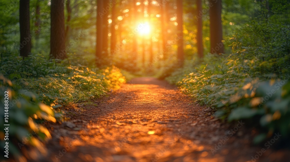Obraz premium Scenic view of a forest path with sunlight filtering through, viewed from a distance, emphasizing the beauty of nature 