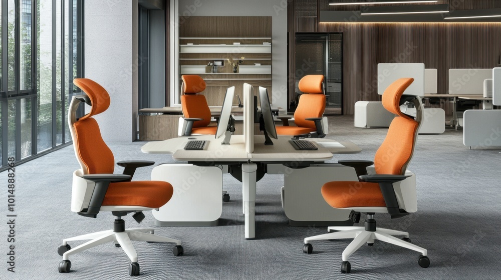 Stylish ergonomic chair with adjustable headrest and footrest in a modern office, blending aesthetics with functional design for ultimate comfort Stylish ergonomic chair with adjustable headrest and footrest in a modern office, blending aesthetics with functional design for ultimate comfort
