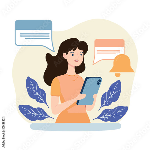 A young girl happily communicates on her smartphone, immersed in a conversation. Colorful notifications and chat bubbles surround her, creating a lively atmosphere.