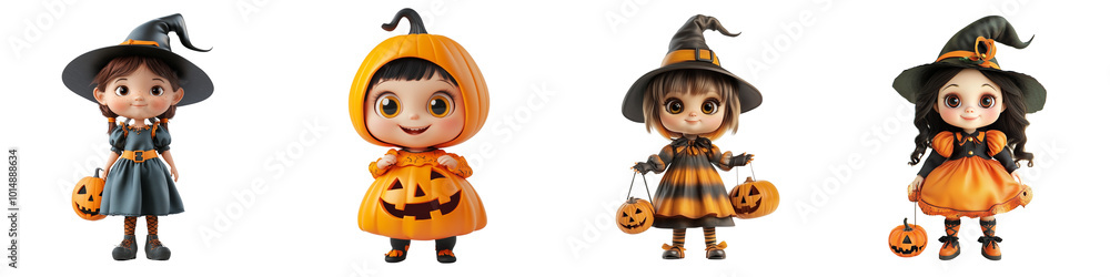 Set of cute doll 3D volumetric doll, Dressed up in Halloween costume on a transparent background