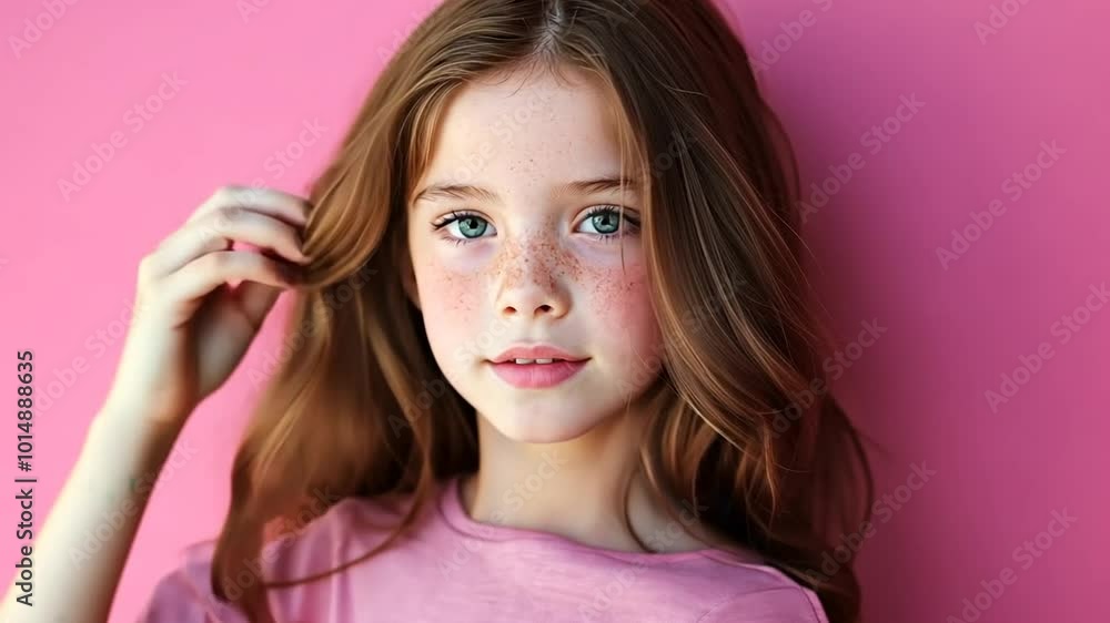 Young Girl With Freckles Poses Against a Pink Background Generative AI Young Girl With Freckles Poses Against a Pink Background Generative AI