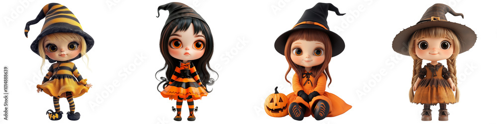 Set of cute doll 3D volumetric doll, Dressed up in Halloween costume on a transparent background