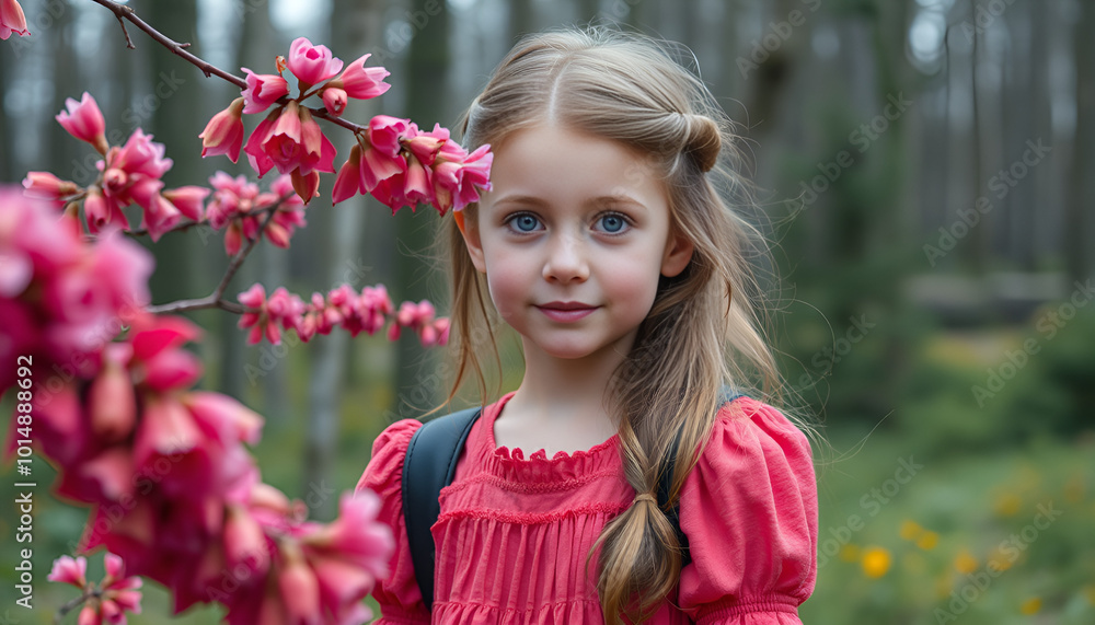 Young girl with bright eyes and braided hair amid vibrant pink flowers in a forest setting Young girl with bright eyes and braided hair amid vibrant pink flowers in a forest setting