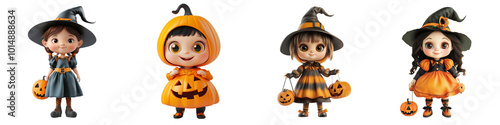 Obraz na płótnie Set of cute doll 3D volumetric doll, Dressed up in Halloween costume on a transparent background w salonie