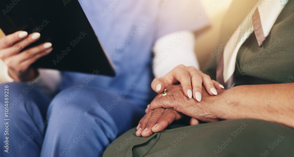 Nurse, holding hands and comfort with tablet in home with results, news or update with medical report. People. caregiver and digital touchscreen with consultation, healthcare and support with app Nurse, holding hands and comfort with tablet in home with results, news or update with medical report. People. caregiver and digital touchscreen with consultation, healthcare and support with app