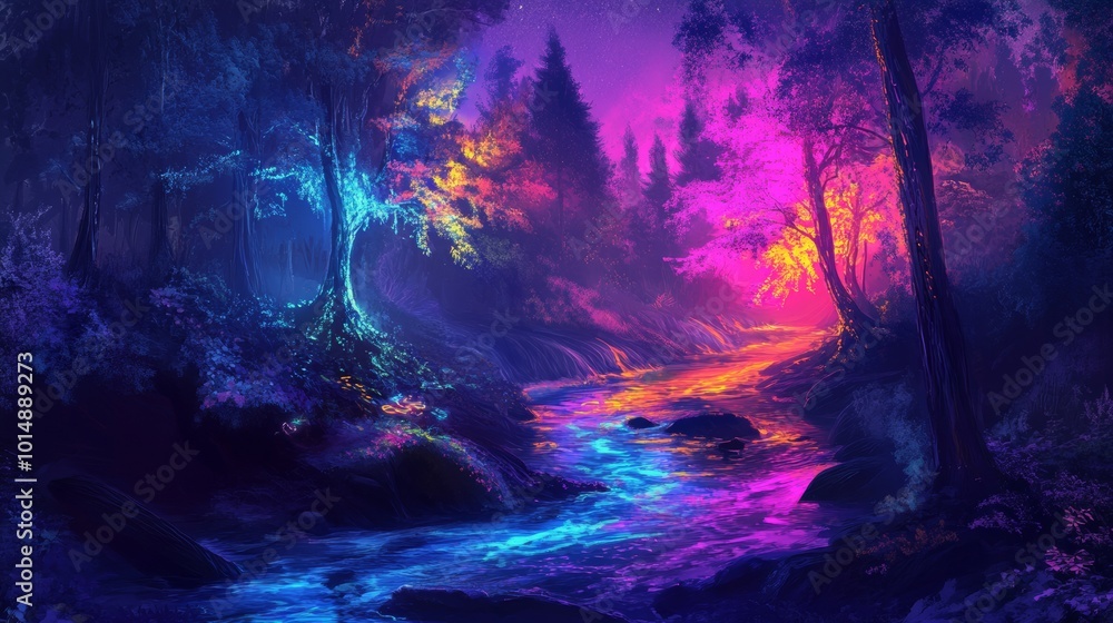 Fototapeta premium Enchanted Forest River at Night.