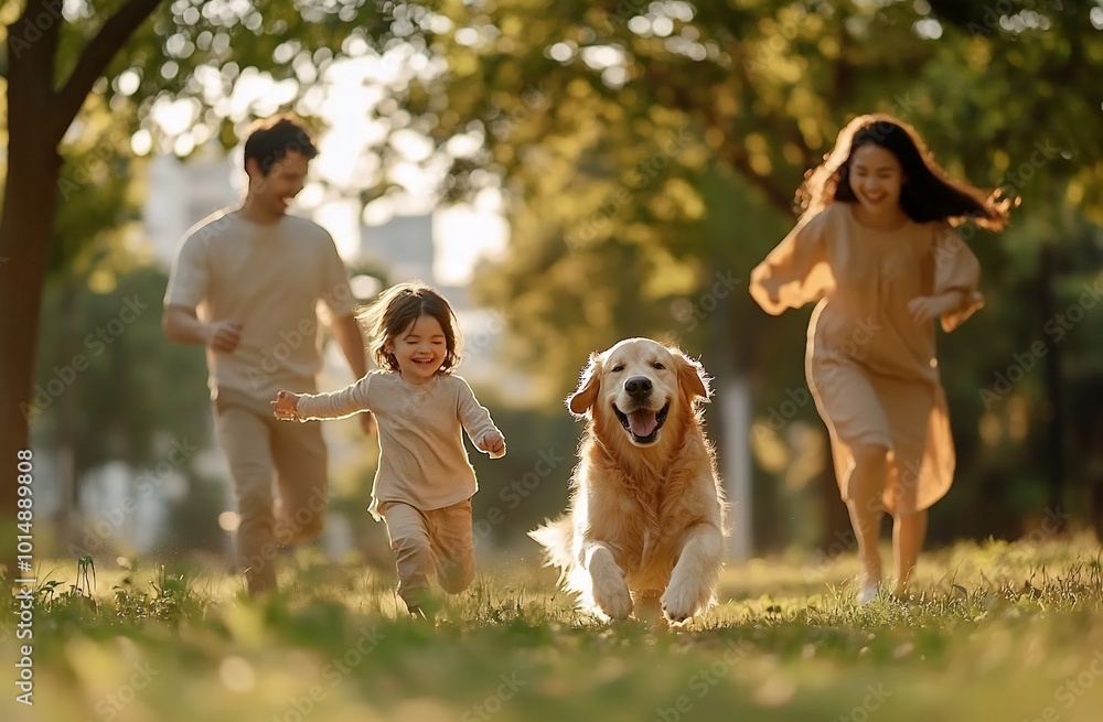 A joyful family playing with a dog in a sunlit park. A joyful family playing with a dog in a sunlit park.