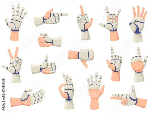 Cartoon robotic prosthesis. Human hands. Cyborg parts. Mechanical robot limbs with prosthetic fingers. Artificial intelligence technology. Medical innovation. Various gestures vector set