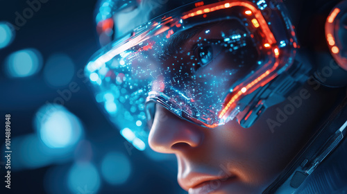 Dynamic Software-Enhanced Individual with Cyberpunk Holographic Features and Enhanced Abilities Captured in a Vibrant Futuristic Setting