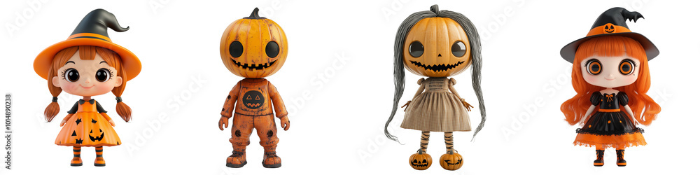 Set of cute doll 3D volumetric doll, Funko Pop, Halloween costume on a transparent background