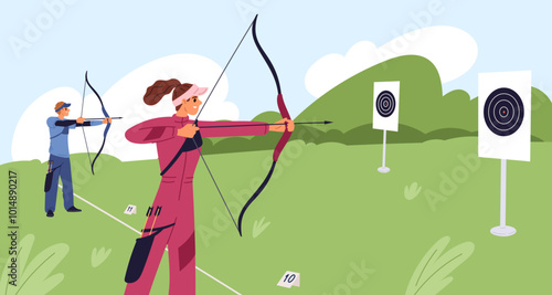 Archery marksmanship competition. Athletes with bows aim at round targets. People shooting arrows. Archer training. Bowman tournament. Accuracy shoot practice. Garish vector concept